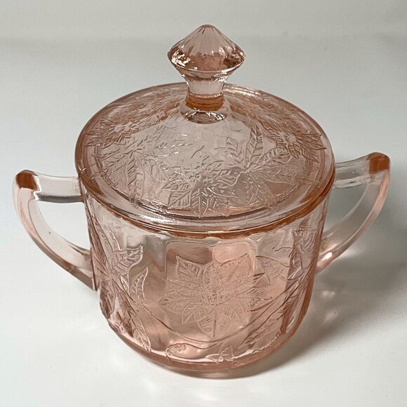 Cream and sugar set, pink poinsettia pattern by Jeannette Glass - Picture 7 of 8